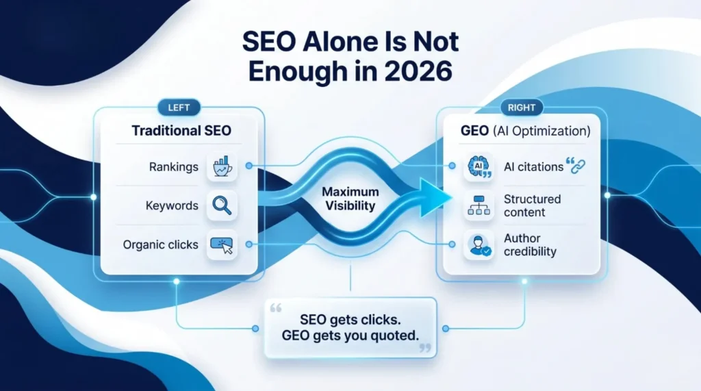 Infographic titled "SEO Alone Is Not Enough in 2026" contrasts Traditional SEO with GEO. Traditional focuses on rankings, keywords, and organic clicks, while GEO emphasizes AI citations, structured content, and author credibility, aiming for maximum visibility. The tone is informative, highlighting evolving strategies.