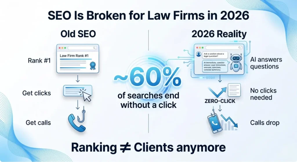 Alt text: Infographic titled "SEO Is Broken for Law Firms in 2026" shows a comparison. Left: "Old SEO" with a webpage achieving "Rank #1," leading to clicks and phone calls. Right: "2026 Reality" where AI answers questions with zero-click searches, reducing calls. The center highlights "~60% of searches end without a click." The overall tone is analytical, emphasizing a shift in digital marketing dynamics.