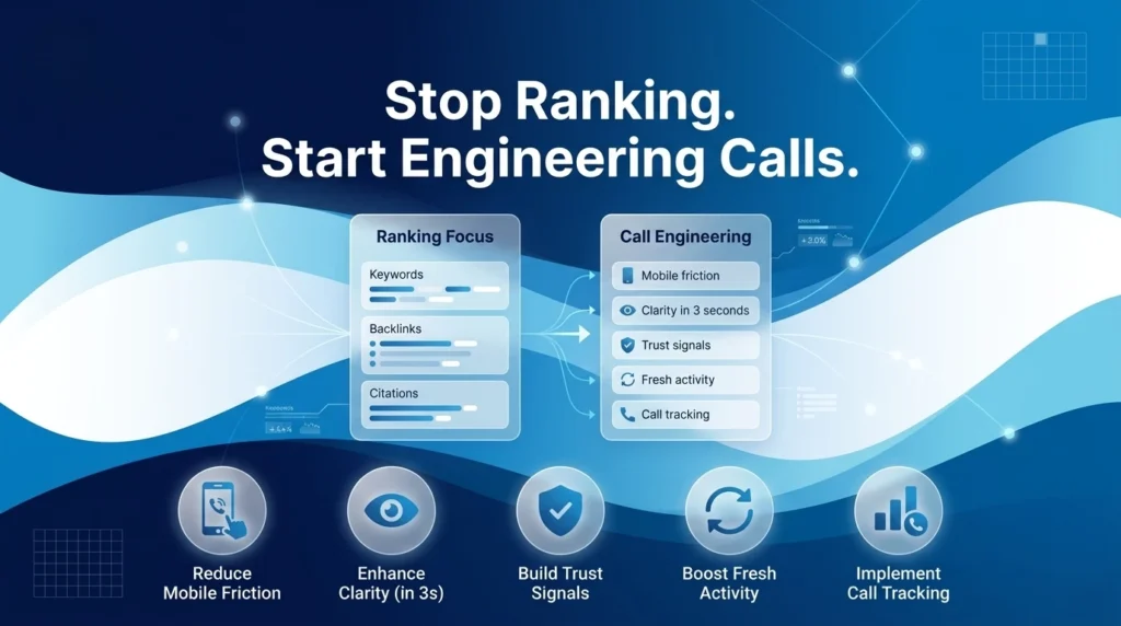 Infographic highlighting shift from ranking focus on keywords, backlinks, citations to call engineering with mobile friction, clarity, trust, activity, and tracking.