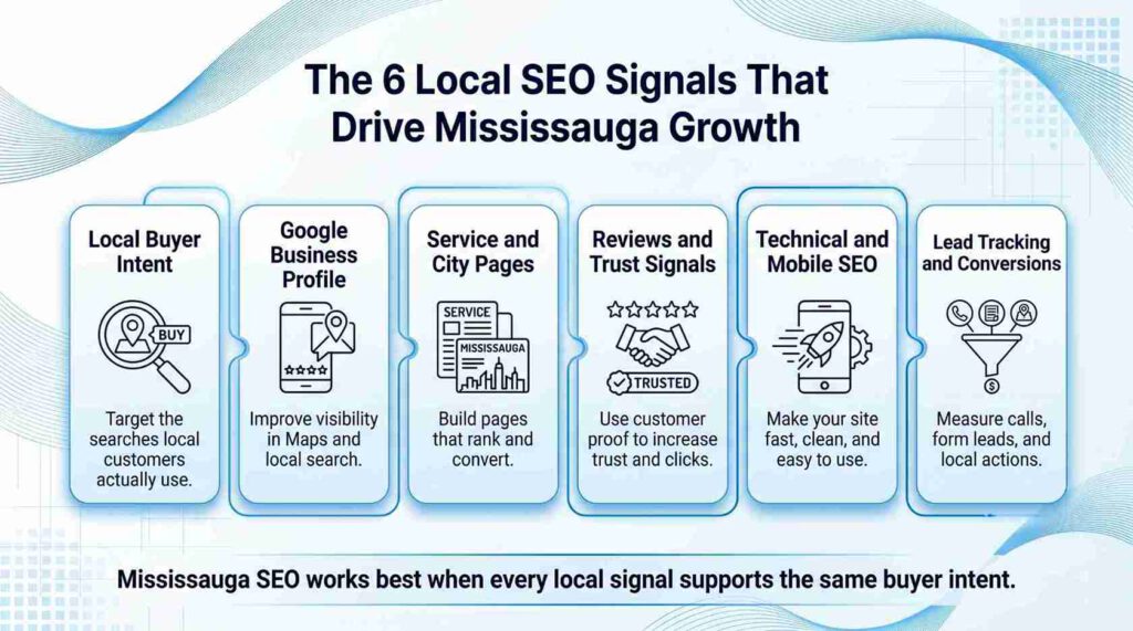 Infographic listing 6 local SEO signals to drive Mississauga growth, including buyer intent, Google profile, city pages, reviews, mobile SEO, and lead tracking.