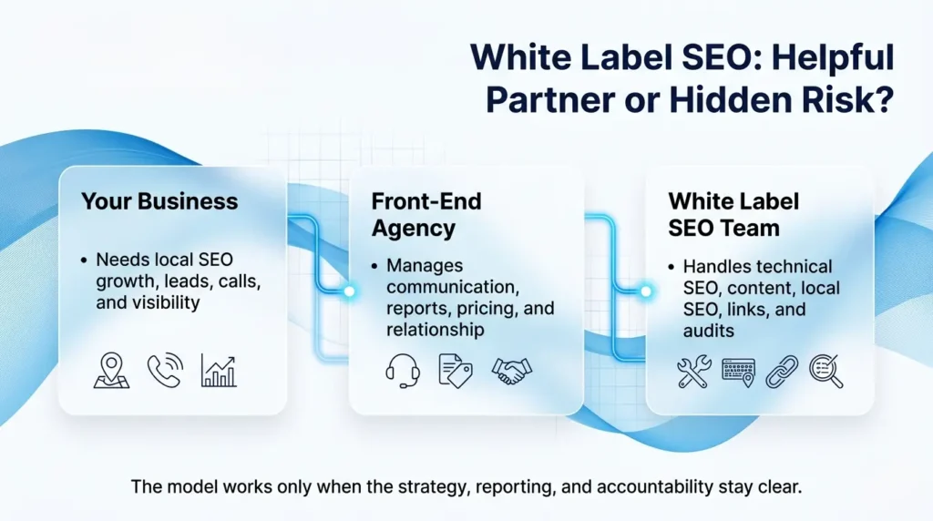 Infographic titled 'White Label SEO: Helpful Partner or Hidden Risk?' illustrating three roles: Your Business, Front-End Agency, and White Label SEO Team, each with specific responsibilities in local SEO management. Background features abstract blue waves and grid lines conveying a sense of digital connectivity.