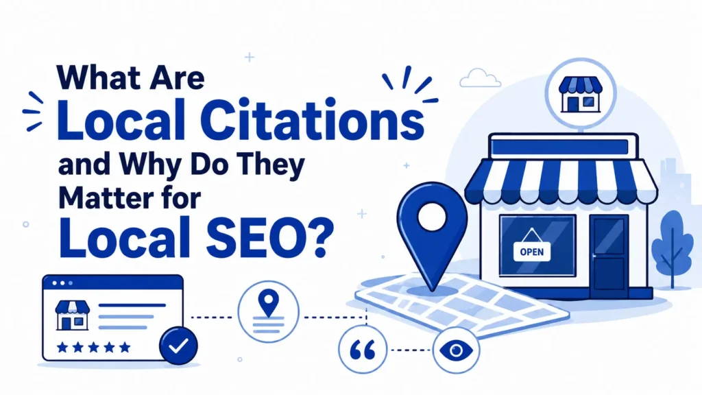 "Infographic questioning the importance of local citations for local SEO. Features a store, map pin, web page, and review icons, conveying business visibility."