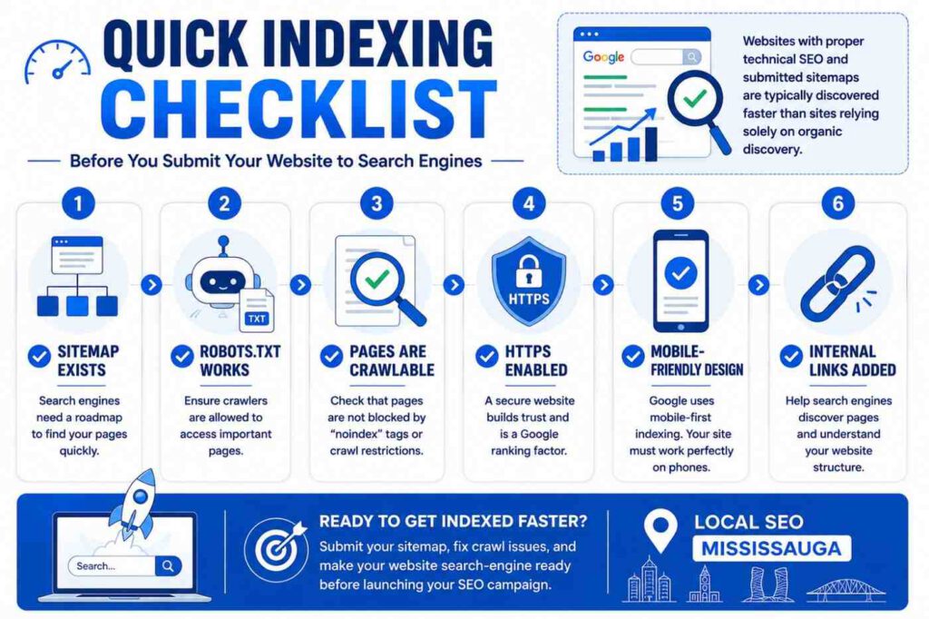 Quick indexing checklist infographic showing six SEO steps: sitemap, robots.txt, crawlable pages, HTTPS, mobile-friendly design, and internal links for faster website indexing.