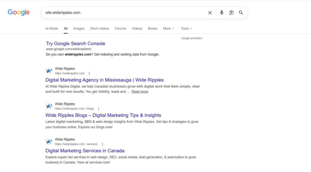Google search results page showing indexed pages from wideripples.com, including the homepage, blog page, and services page.