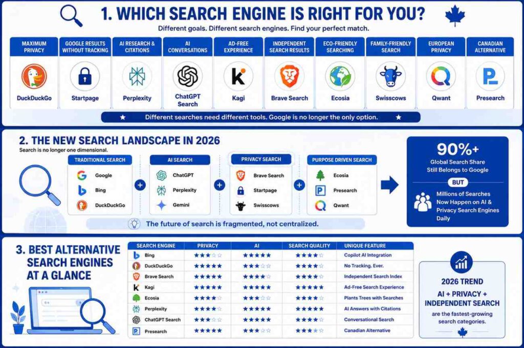 Infographic comparing various search engines, highlighting privacy, AI features, and future trends in search technology.