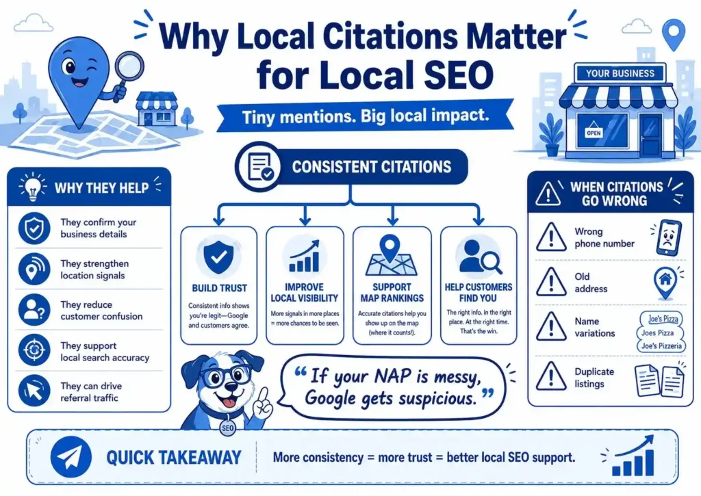 Infographic explaining why local citations matter for local SEO, showing how consistent business details build trust, improve local visibility, support map rankings, and help customers find a business. It also warns that wrong phone numbers, old addresses, name variations, and duplicate listings can harm local search performance.