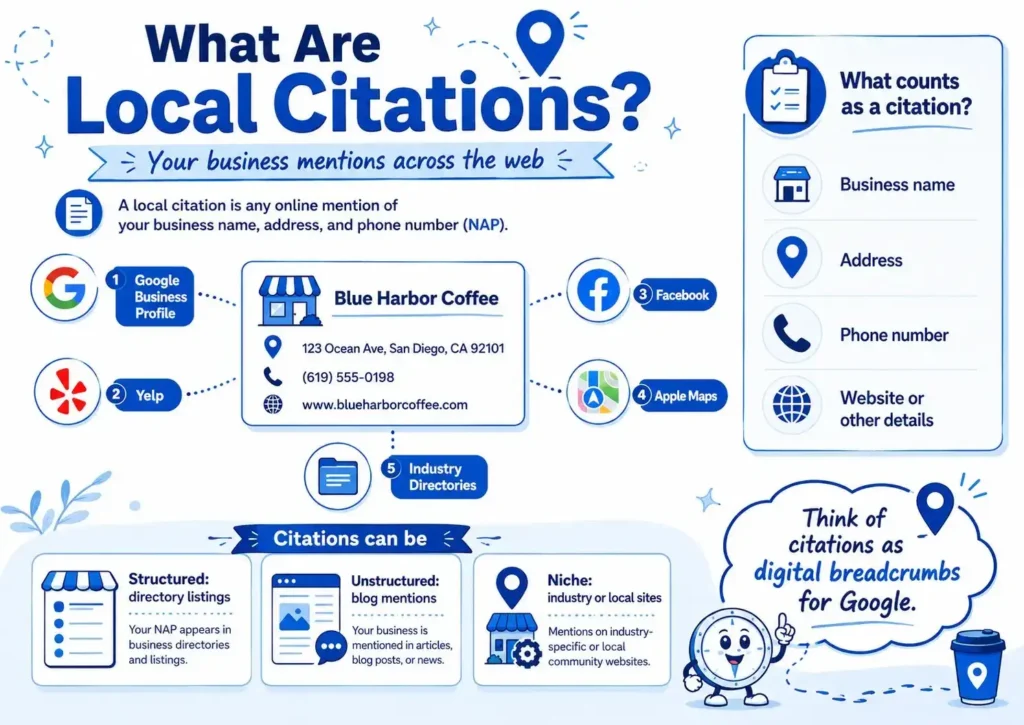 Infographic explaining local citations, showing examples like Google Business Profile and Yelp, and defining citations as online mentions of a business's name, address, and phone number (NAP).