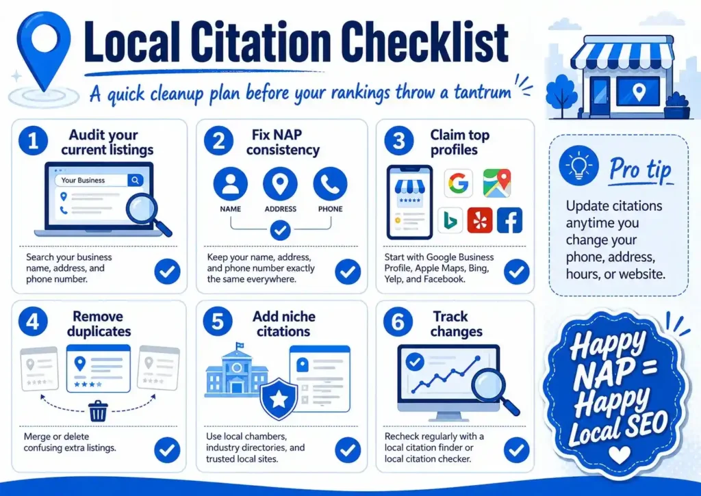Blue-and-white “Local Citation Checklist” infographic showing six steps: audit listings, fix NAP consistency, claim top profiles, remove duplicates, add niche citations, and track changes, with a pro tip to update citations whenever business details change.