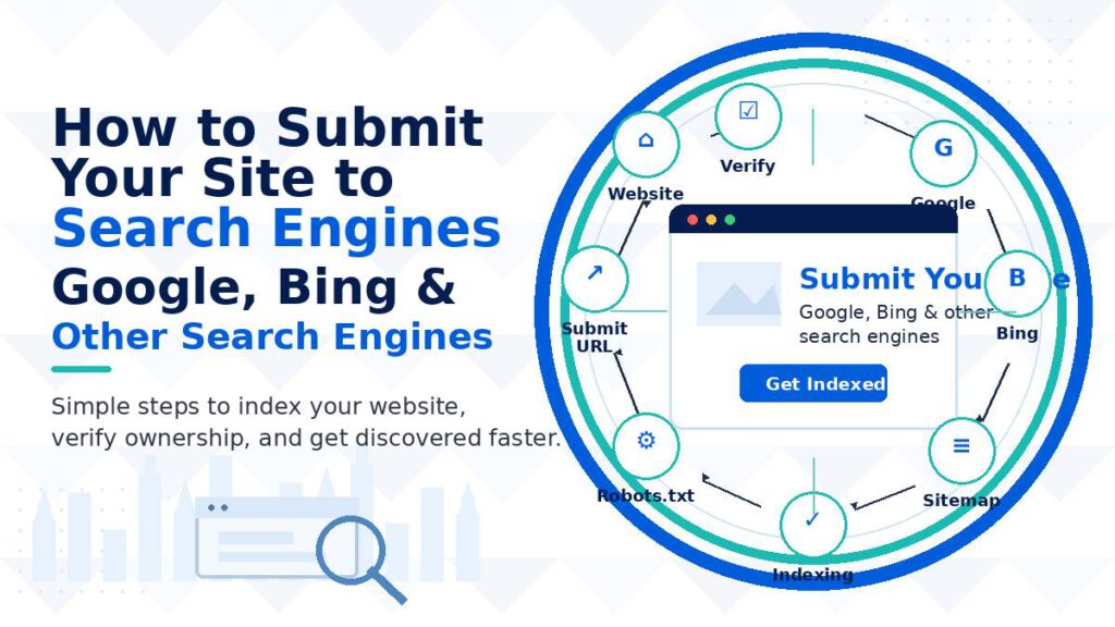 Illustration showing how to submit a website to Google, Bing, and other search engines with steps for verification, sitemap submission, indexing, and URL submission.