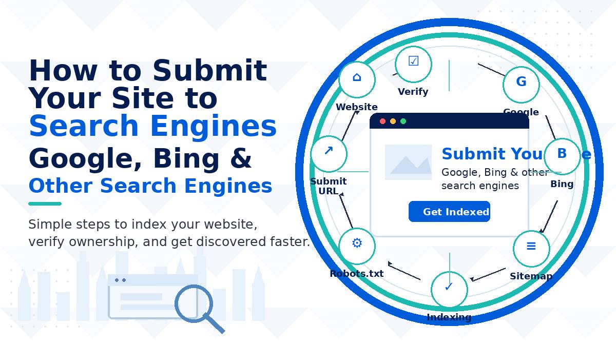 Illustration showing how to submit a website to Google, Bing, and other search engines with steps for verification, sitemap submission, indexing, and URL submission.